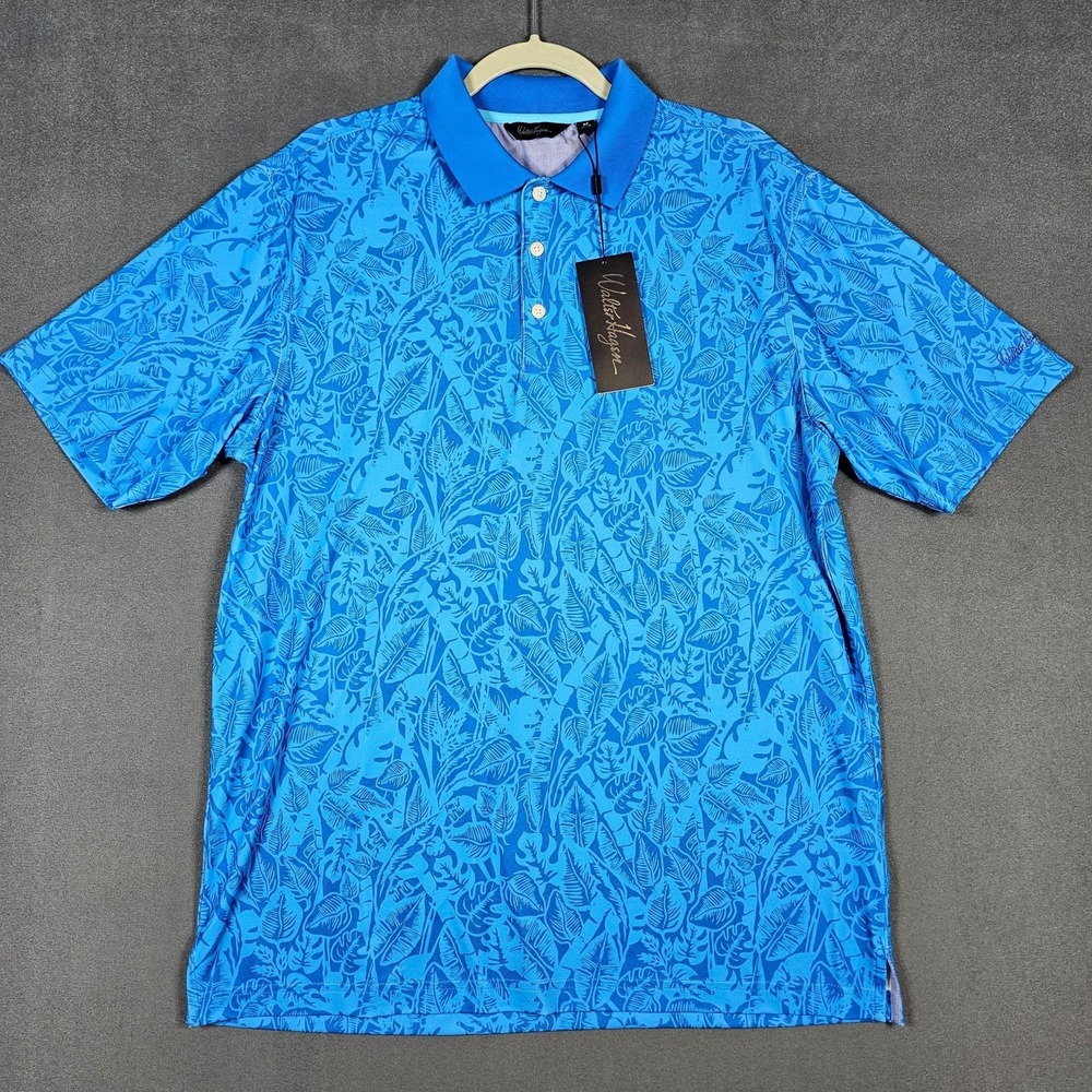Walter Hagen Polo Shirt Mens Medium Blue Tropical Floral Golf 11 Majors NWT